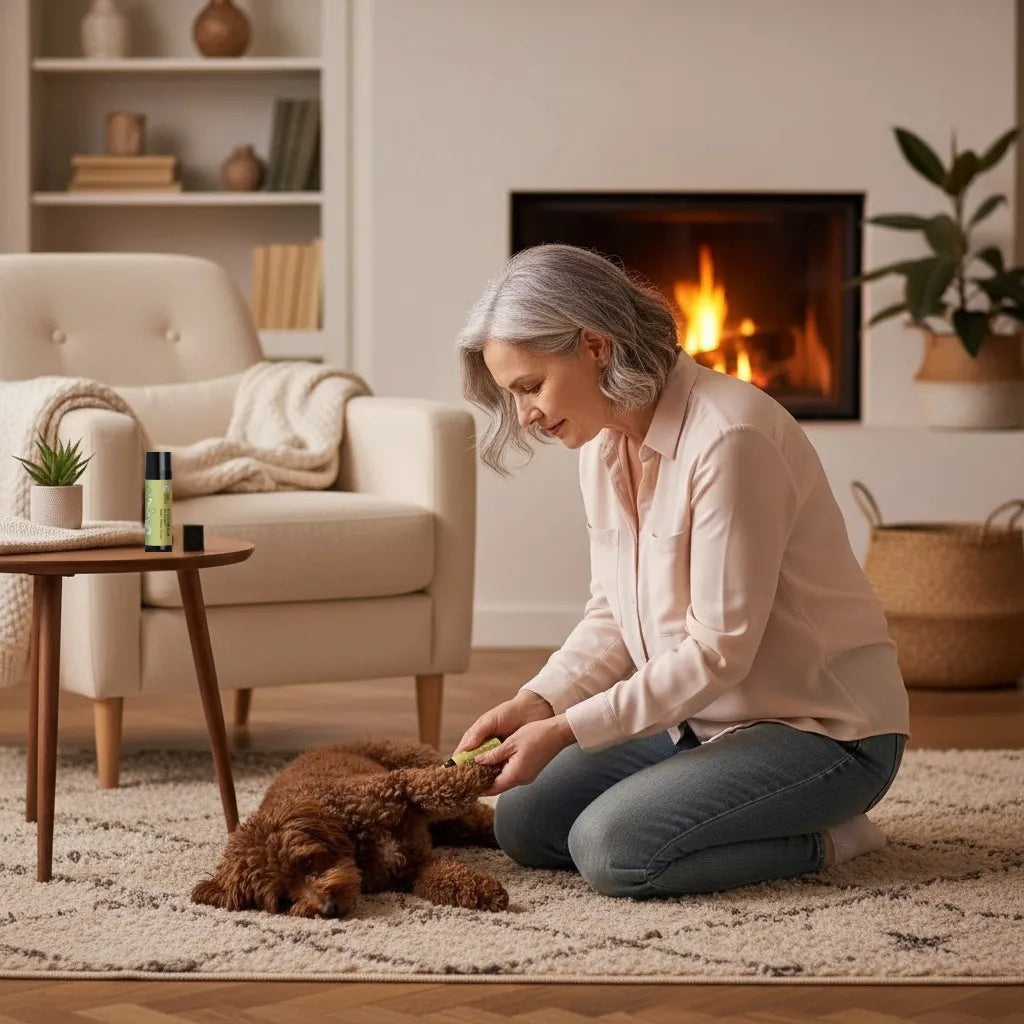 Eine Frau pflegt einen Hund auf einem Teppich vor einem Kaminfeuer in einem gemütlichen Wohnzimmer.