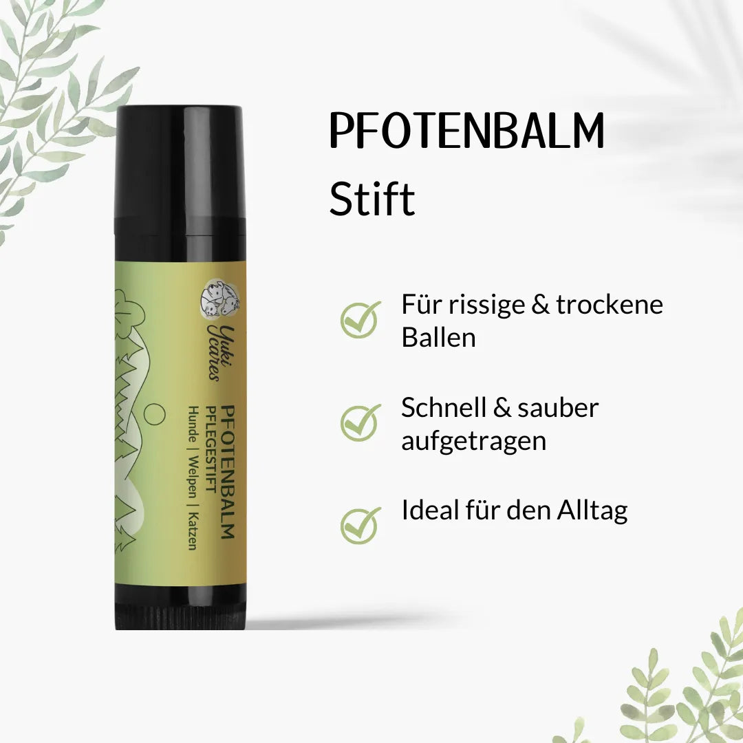 Ein Pfotenbalsam-Stift für Hunde und Katzen mit Pflegehinweisen auf einem hellen Hintergrund.