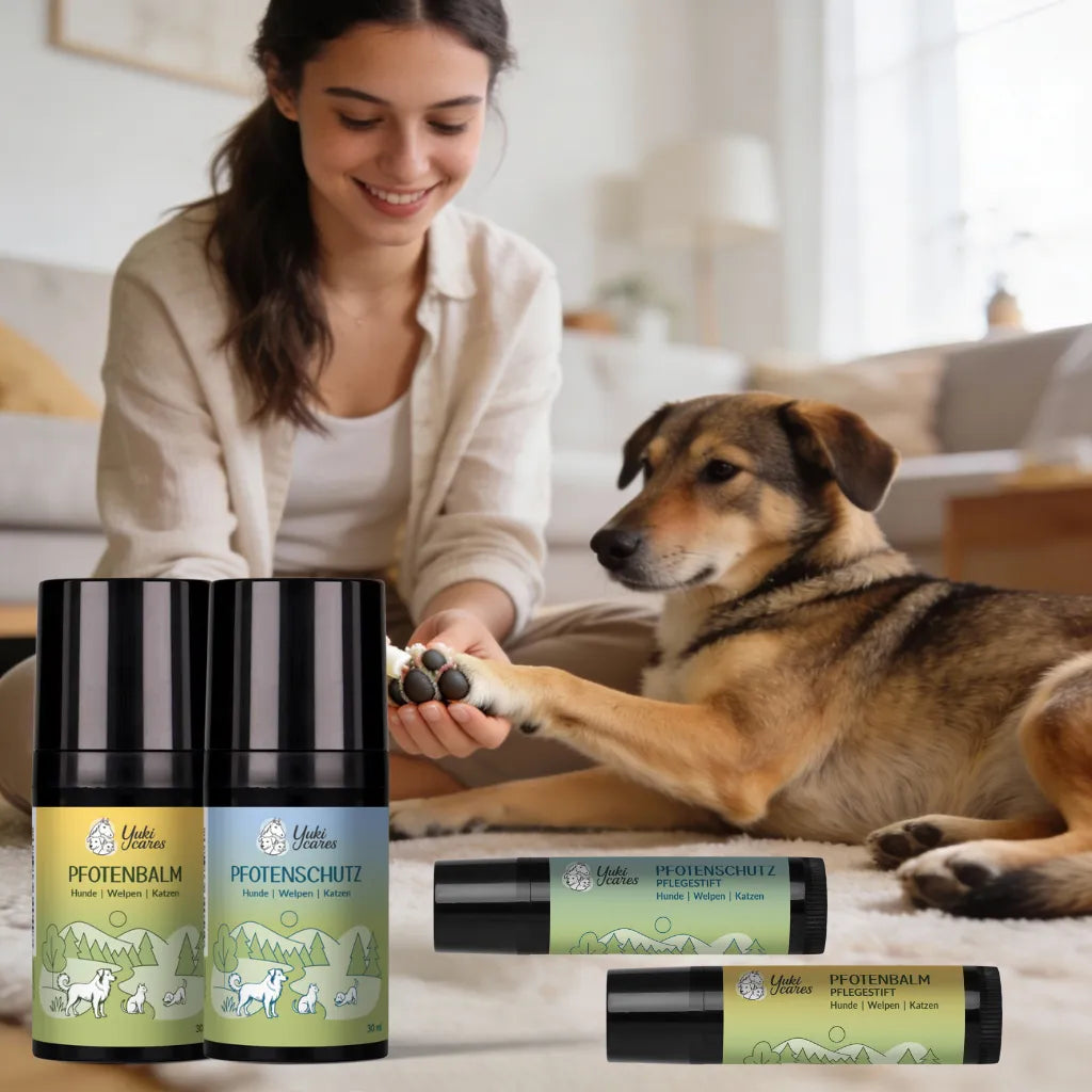 Eine lächelnde Frau pflegt die Pfote eines Hundes mit Pfotenbalsam-Produkten im gemütlichen Wohnzimmer.