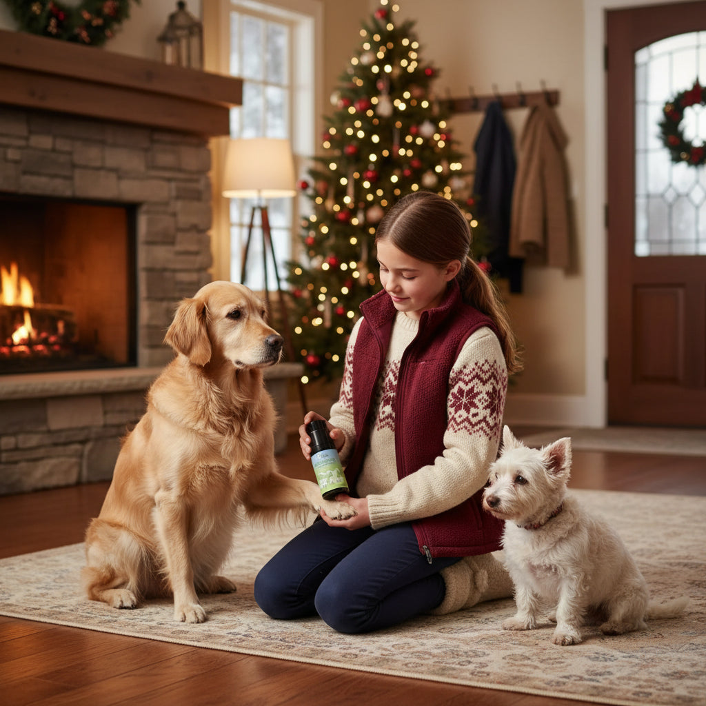 Ein Mädchen sitzt vor einem Weihnachtsbaum, hält einen Pfotenschutz und interagiert mit zwei Hunden in einem gemütlichen Wohnzimmer.
