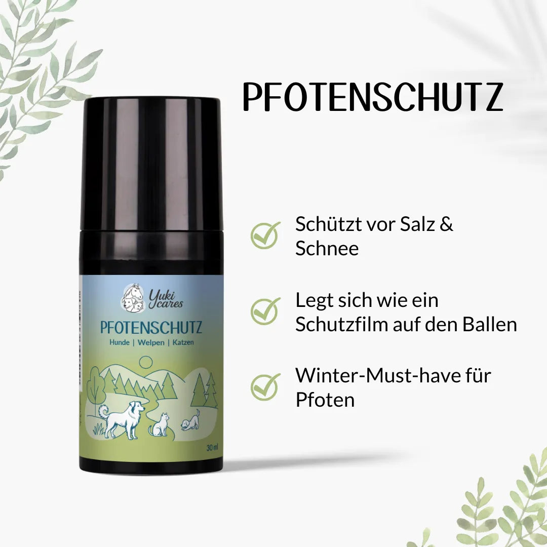 Ein Pfotenschutzprodukt für Hunde und Katzen, das vor Salz und Schnee schützt, wird auf einem weißen Hintergrund präsentiert.
