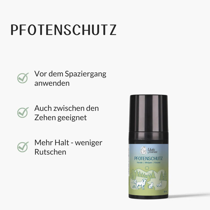 Ein Pfotenschutzprodukt mit Anleitung zur Anwendung vor Spaziergängen und für besseren Halt wird präsentiert.