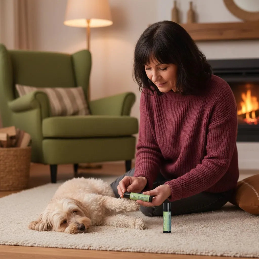 Eine Frau pflegt liebevoll die Pfoten ihres Hundes mit einem grünen Stift am gemütlichen Kamin.
