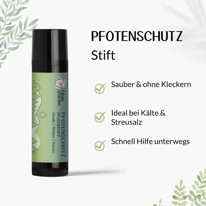 Grüner Pfotenschutz-Stift mit Text über Vorteile, ideal für Hunde und Katzen bei Kälte und Streusalz.