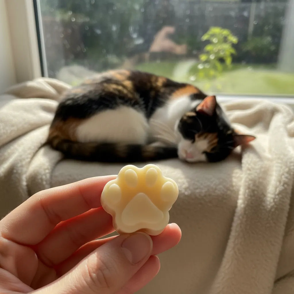 Eine Hand hält eine pfotenförmige Fellbutter vor einem schlafenden, dreifarbigen Kätzchen auf einer Decke am Fenster.
