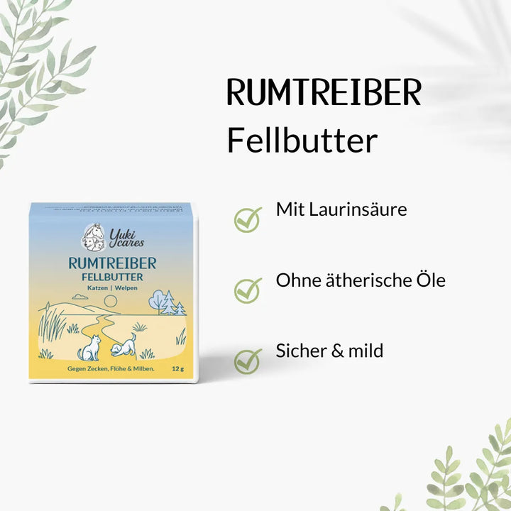 Die Verpackung der Rumtreiber Fellbutter zeigt ein Landschaftsmotiv und beschreibt drei Vorteile des Produkts für Katzen und Welpen.