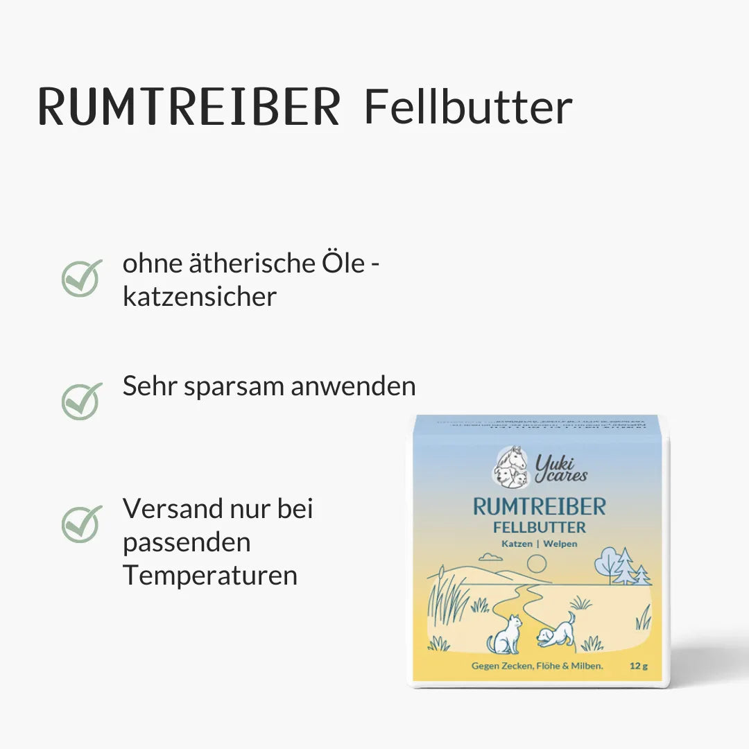 Verpackung der Rumtreiber Fellbutter für Katzen und Welpen mit Hinweisen zur sicheren Anwendung und Versandbedingungen.
