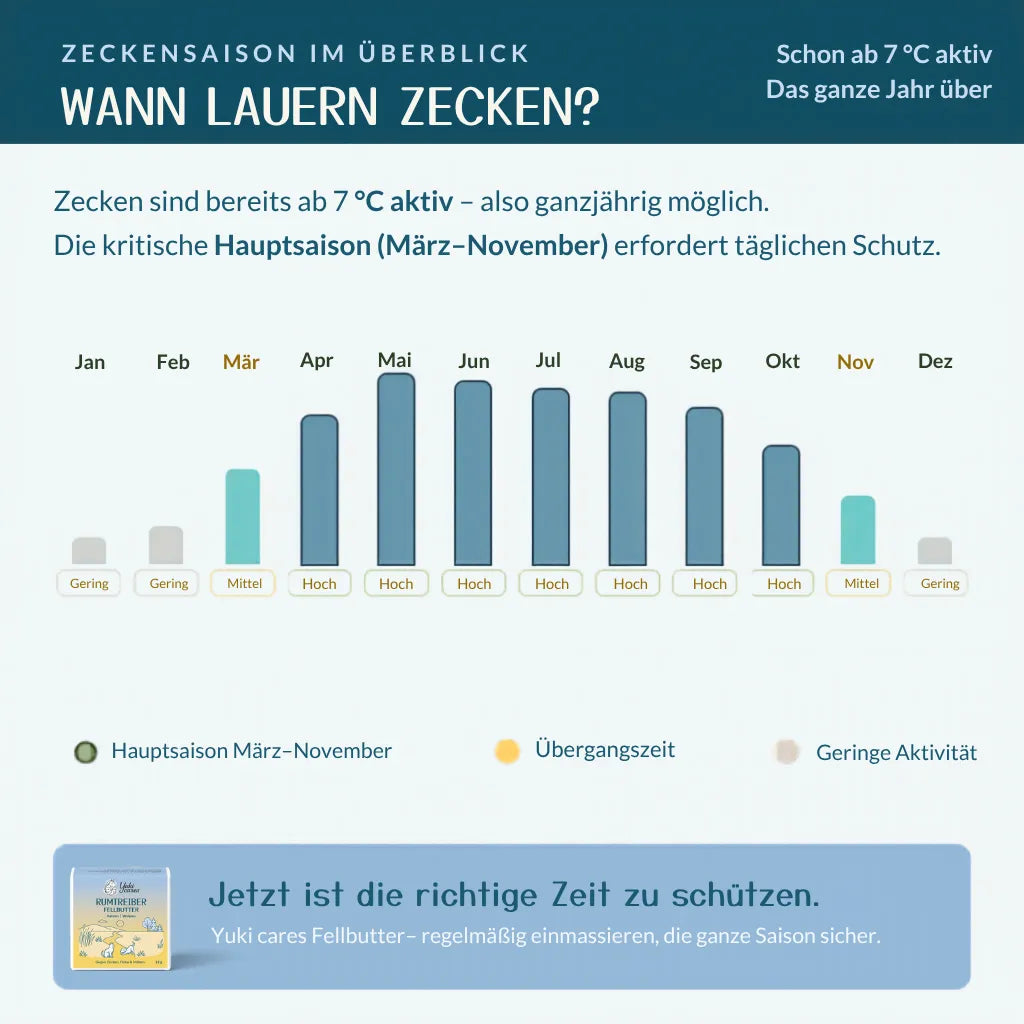 Zeckensaison zeigt Aktivitätslevel von Januar bis Dezember, mit Hauptsaison von März bis November. | © Yuki cares