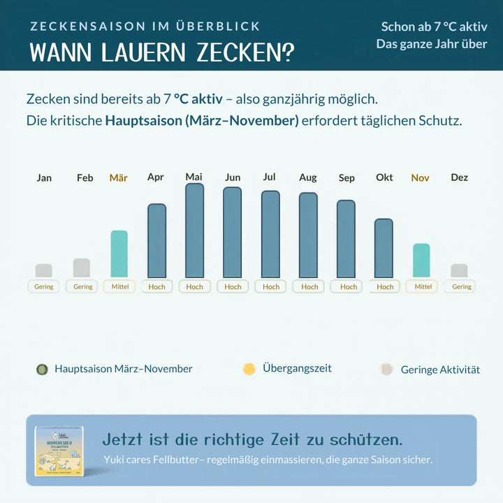 Zeckensaison zeigt Aktivitätslevel von Januar bis Dezember, mit Hauptsaison von März bis November. | © Yuki cares