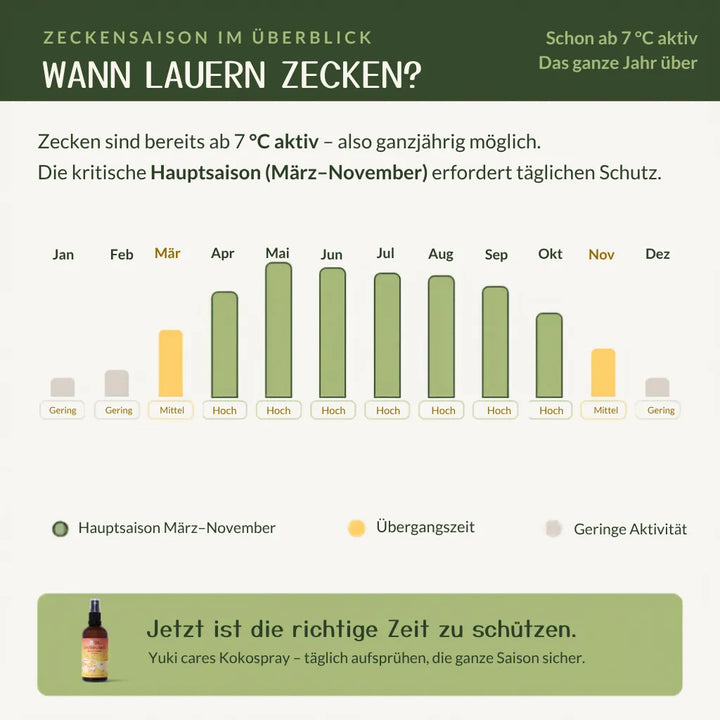 Eine informative Grafik über die Zeckenaktivität, die die Hauptsaison von März bis November hervorhebt.