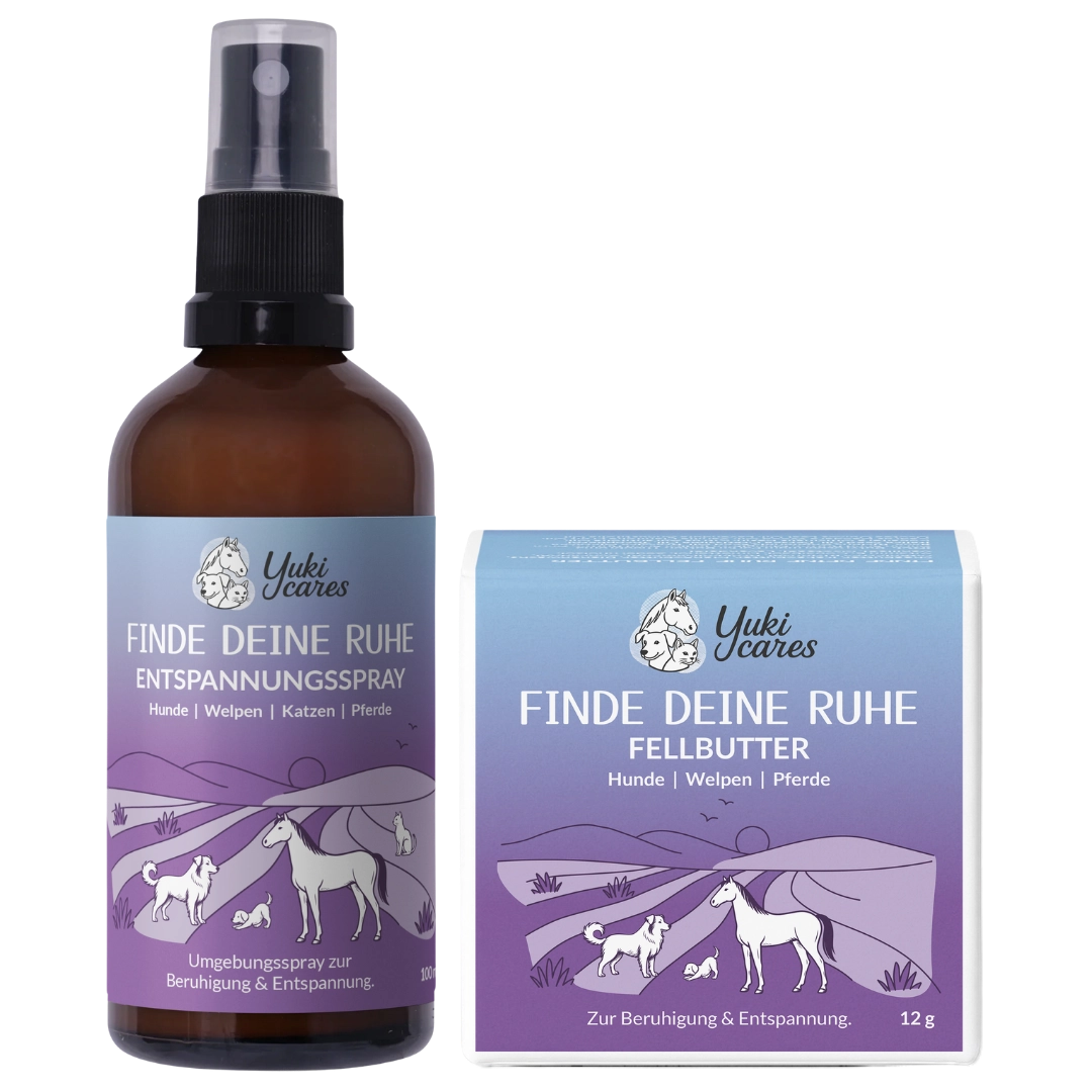 Ein Fläschchen Entspannungsspray und eine Packung Fellbutter von Yuki Cares für Haustiere stehen nebeneinander vor einem weißen Hintergrund.
