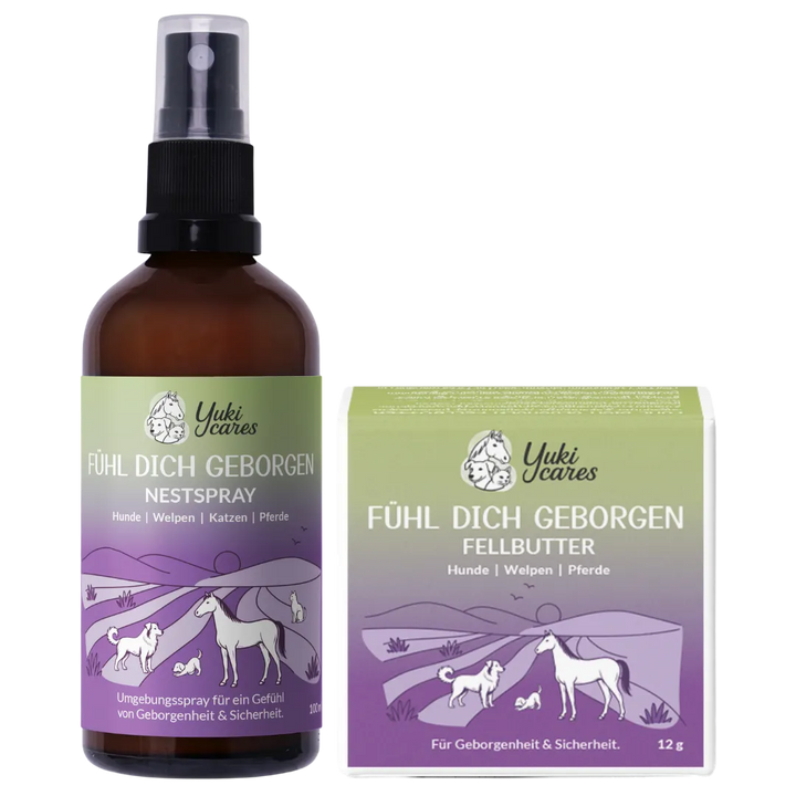 Ein Fläschchen Nest-Spray und eine Packung Fellbutter von Yuki Cares für Haustiere stehen nebeneinander vor einem weißen Hintergrund.