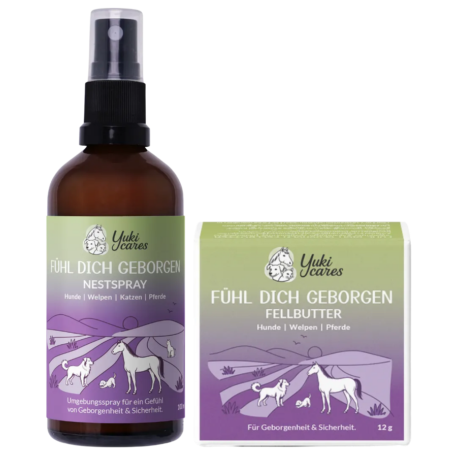 Ein Fläschchen Nest-Spray und eine Packung Fellbutter von Yuki Cares für Haustiere stehen nebeneinander vor einem weißen Hintergrund.