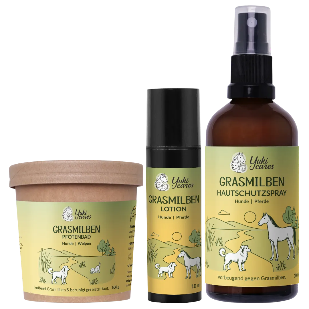 Drei Yuki cares Produkte gegen Grasmilben für Hunde und Pferde stehen nebeneinander mit grünen Etiketten.