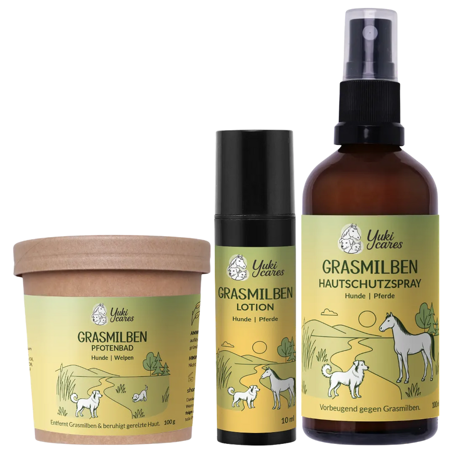 Drei Yuki cares Produkte gegen Grasmilben für Hunde und Pferde stehen nebeneinander mit grünen Etiketten.