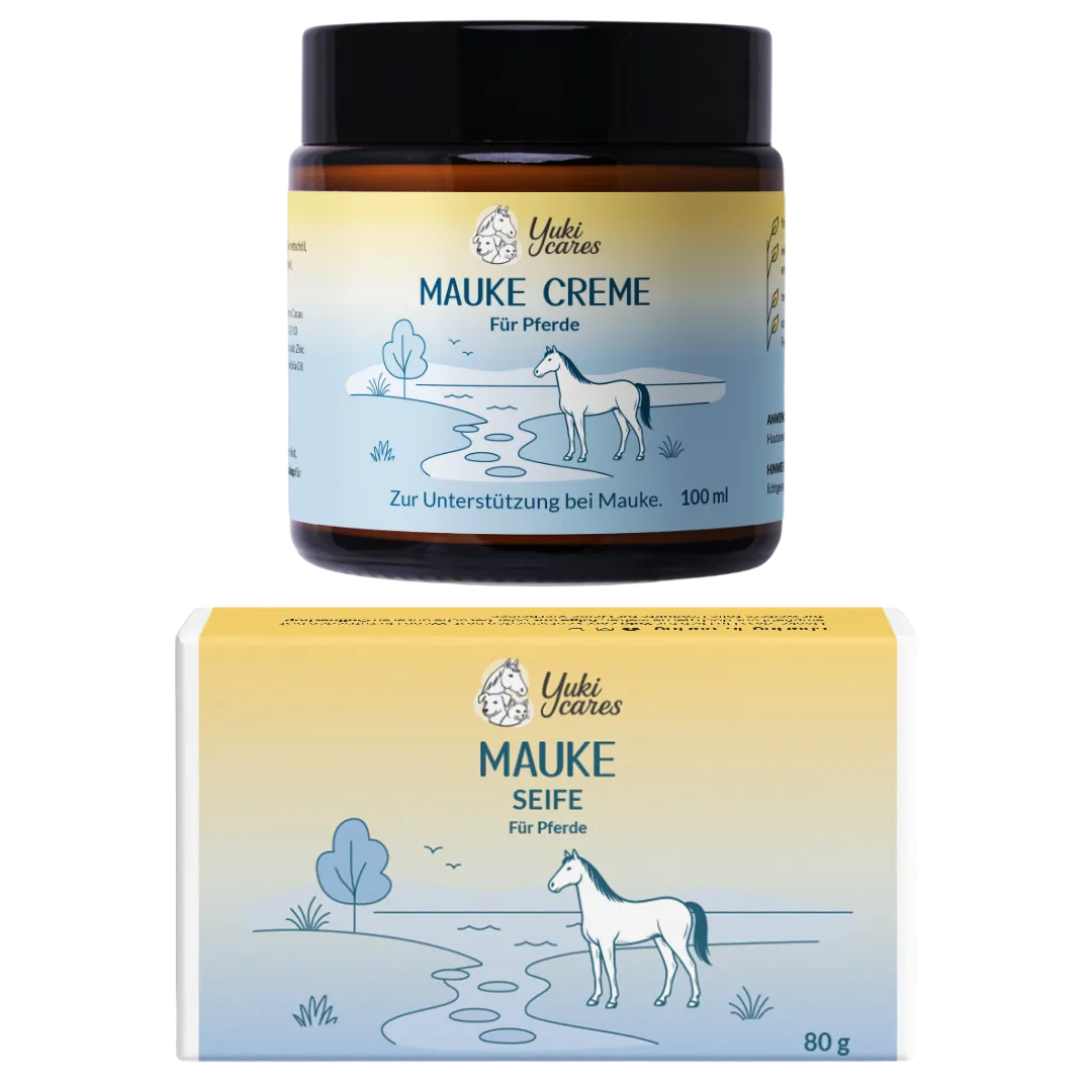 Ein Glas Mauke Creme und eine Packung Mauke Seife für Pferde mit einem Pferdemotiv auf der Verpackung.
