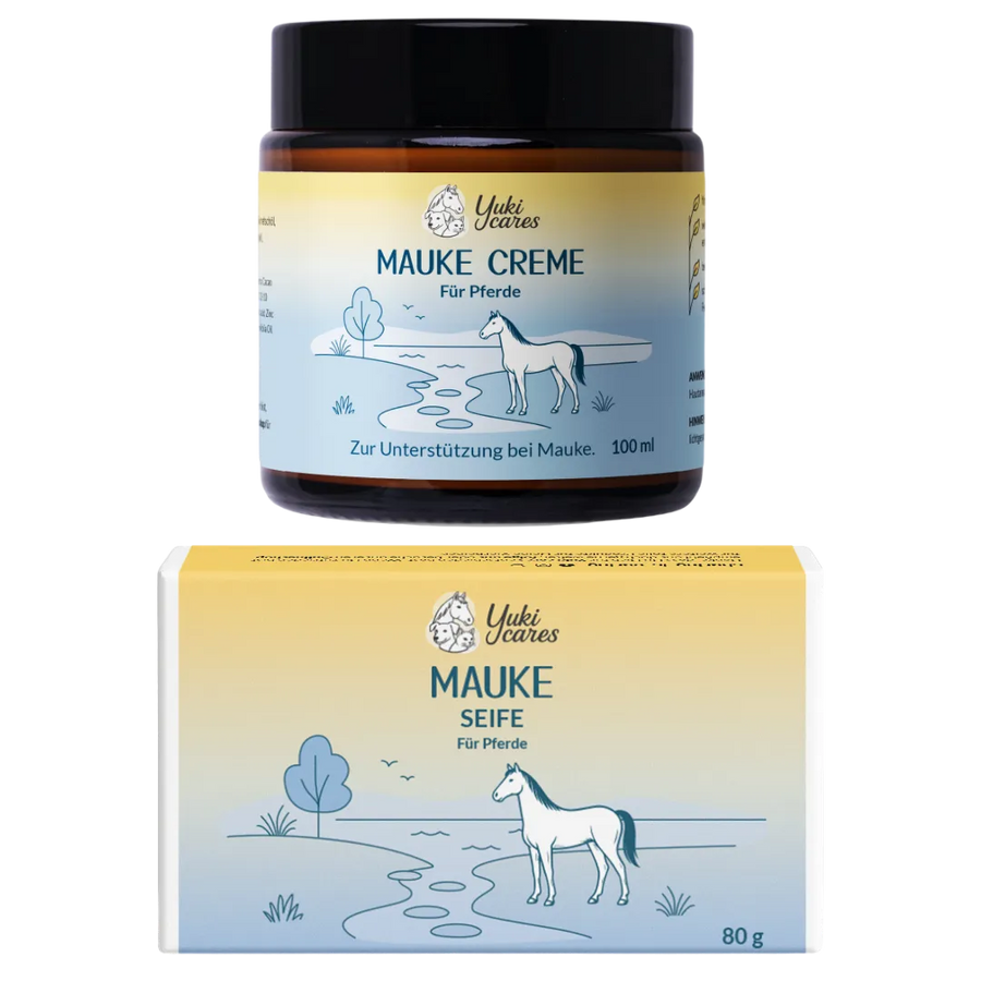 Ein Glas Mauke Creme und eine Packung Mauke Seife für Pferde mit einem Pferdemotiv auf der Verpackung.