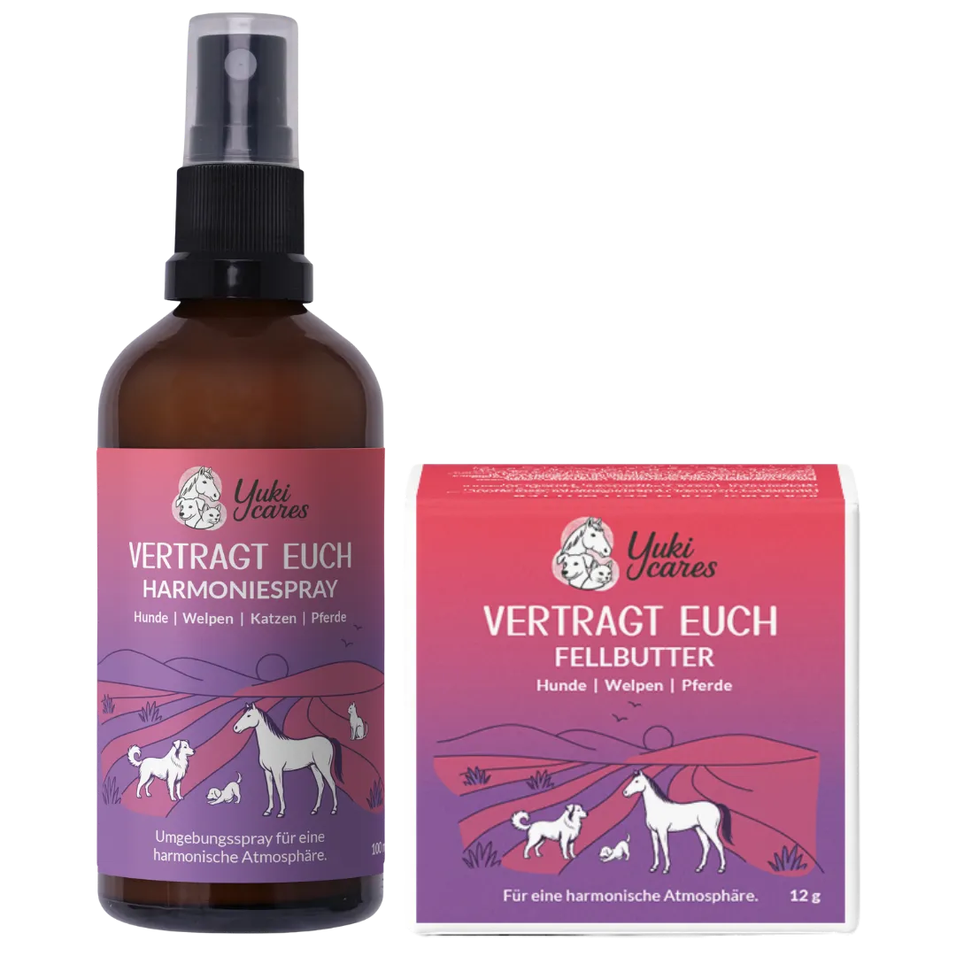 Eine braune Flasche "Vertragt Euch" Harmoniespray und eine passende Verpackung mit lila-rosa Design und Tiermotiven.