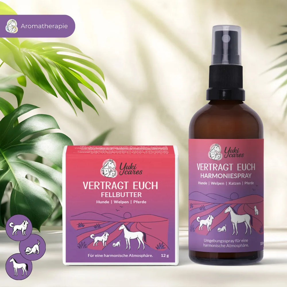 Zwei "Vertragt Euch" Produkte von Yuki Cares, Fellbutter und Harmoniespray, stehen vor grünen Blättern zur Aromatherapie.