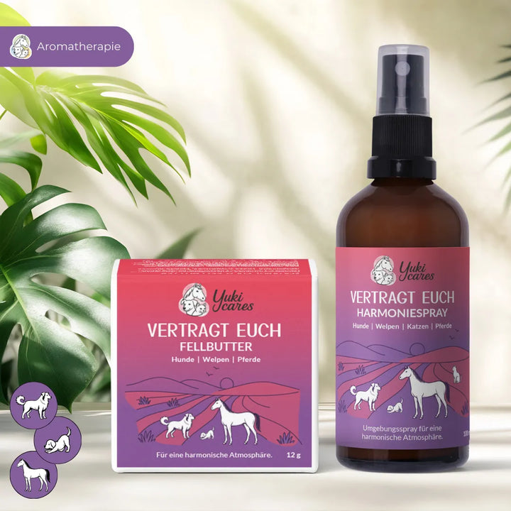 Zwei "Vertragt Euch" Produkte von Yuki Cares, Fellbutter und Harmoniespray, stehen vor grünen Blättern zur Aromatherapie.