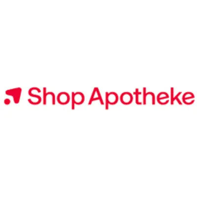 Das Logo der Shop Apotheke zeigt den roten Schriftzug auf weißem Hintergrund mit einem stilisierten Apotheken-Symbol links.