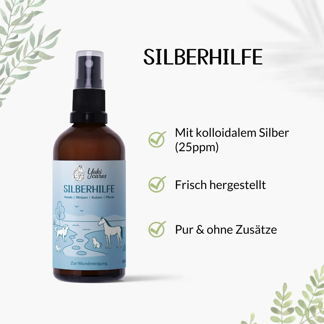 Eine braune Sprühflasche mit "Silberhilfe" für Tiere, umgeben von Text über kolloidales Silber und Reinheit.