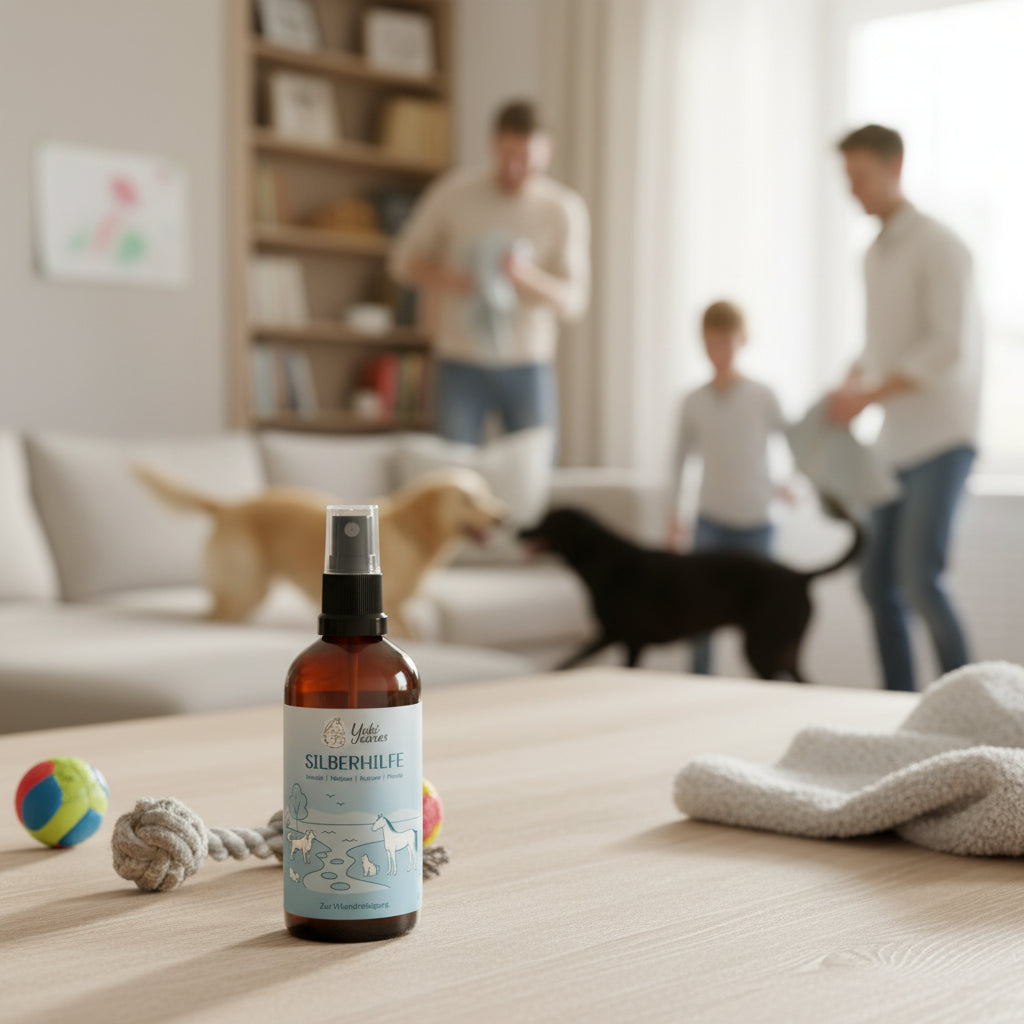 Eine Flasche "Silberhilfe" steht im Vordergrund, während im Hintergrund zwei Hunde mit Menschen spielen.