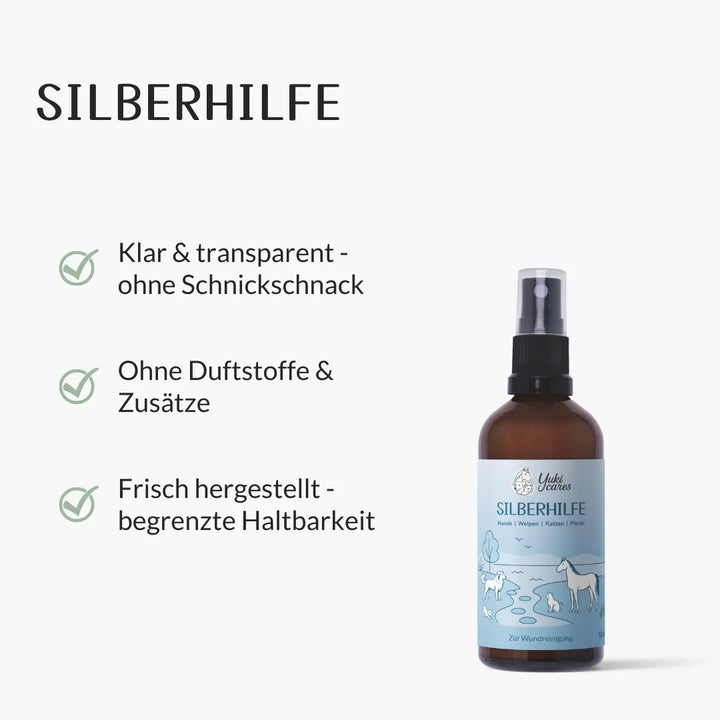 Eine braune Sprühflasche "Silberhilfe" neben Text über ihre klaren, zusatzfreien und frisch hergestellten Eigenschaften.