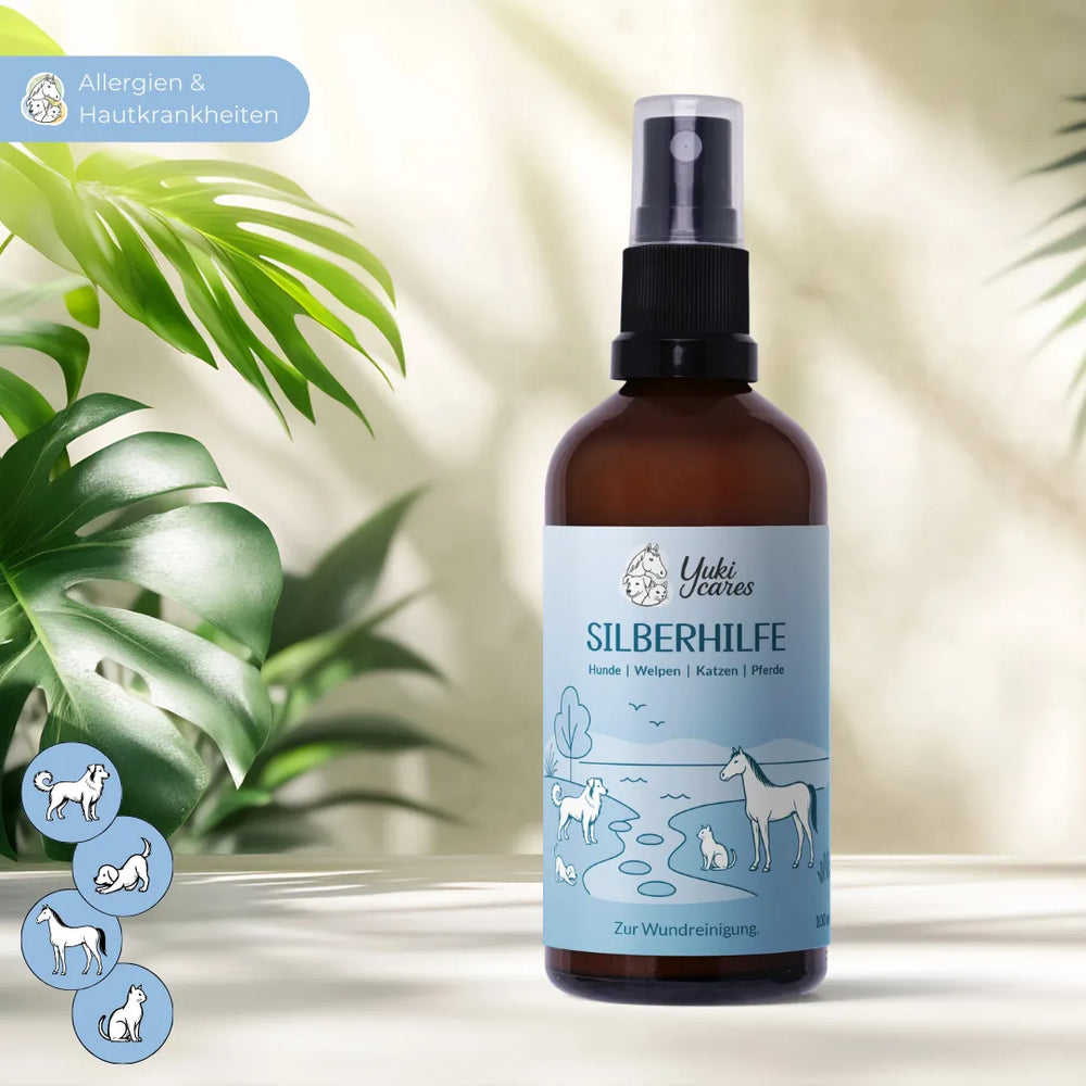 Eine braune Sprühflasche mit "Silberhilfe" Etikett steht neben grünen Blättern, geeignet für Tiere zur Wundreinigung.