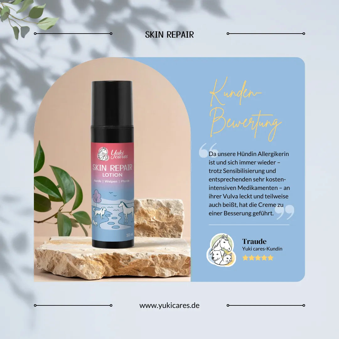 Eine Flasche Skin Repair Lotion steht auf einem Stein, begleitet von einer Kundenbewertung über die Wirksamkeit des Produkts.