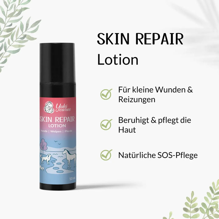 Eine Flasche Skin Repair Lotion für Hunde, Welpen und Pferde neben Text, der ihre beruhigenden Eigenschaften beschreibt.