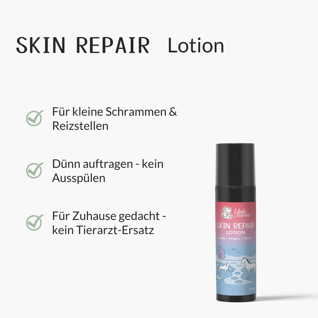 Skin Repair Lotion mit Anwendungshinweisen für kleine Schrammen, dünnes Auftragen und Nutzung zu Hause.