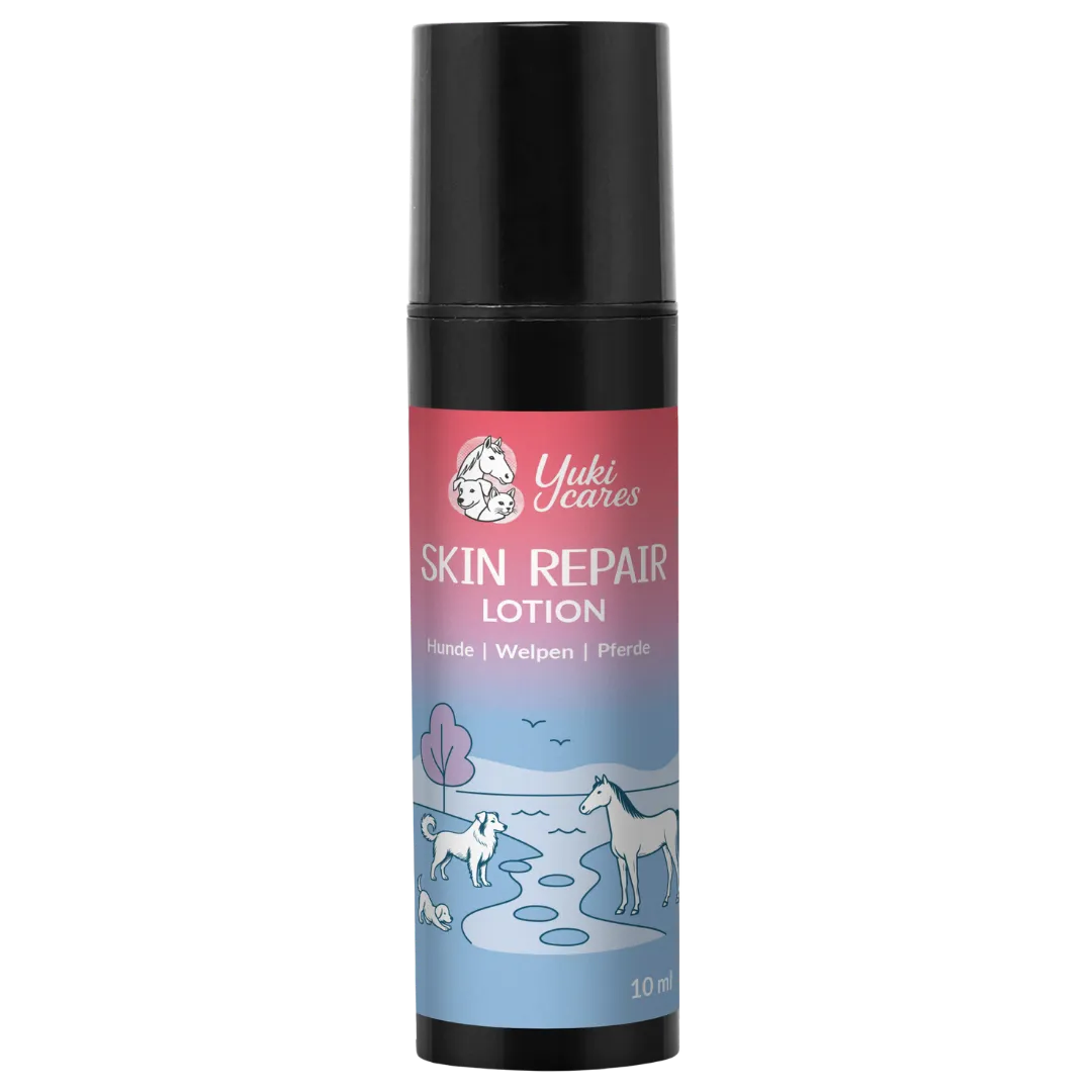 Eine Flasche mit Yuki Cares Skin Repair Lotion für Hunde, Welpen und Pferde zeigt eine Illustration von Tieren in der Natur.