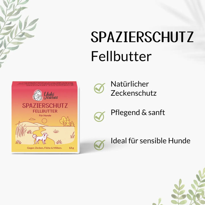 Verpackung der "Spazierschutz Fellbutter" für Hunde, bietet natürlichen Zeckenschutz und ist ideal für sensible Hunde.