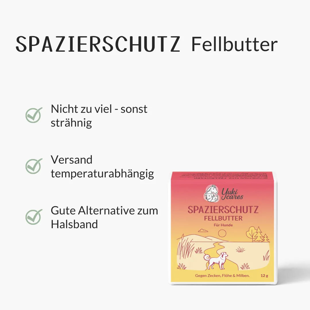 Die Verpackung der "Spazierschutz Fellbutter" zeigt ein Hundemotiv und bietet Hinweise zur Anwendung und Versandbedingungen.