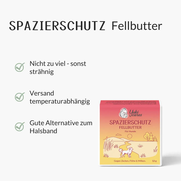 Die Verpackung der "Spazierschutz Fellbutter" zeigt ein Hundemotiv und bietet Hinweise zur Anwendung und Versandbedingungen.