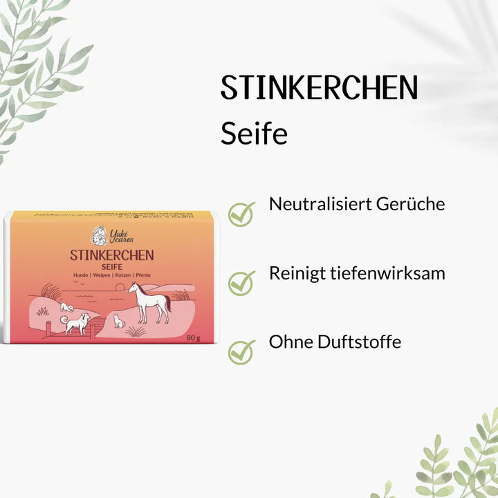 Die Verpackung der Stinkerchen-Seife zeigt Illustrationen von Tieren und betont geruchsneutralisierende Eigenschaften.