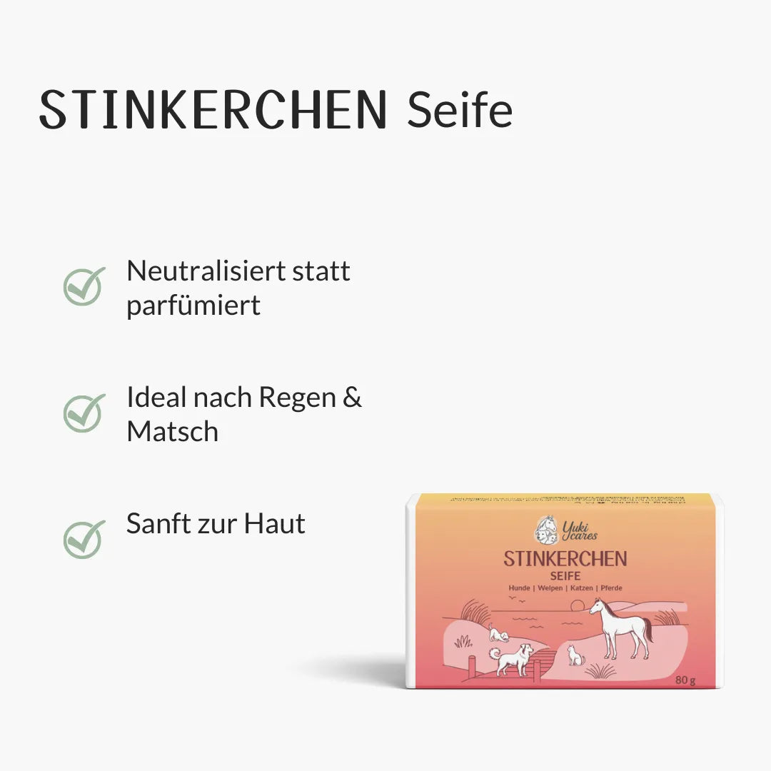 Die Verpackung der Stinkerchen Seife zeigt Illustrationen von Tieren und betont ihre Hautfreundlichkeit.