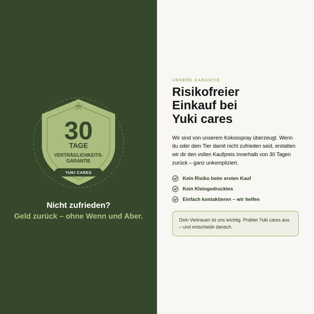 Eine Garantie-Visitenkarte von Yuki Cares betont die 30-tägige Zufriedenheitsgarantie für den Kokosspray.