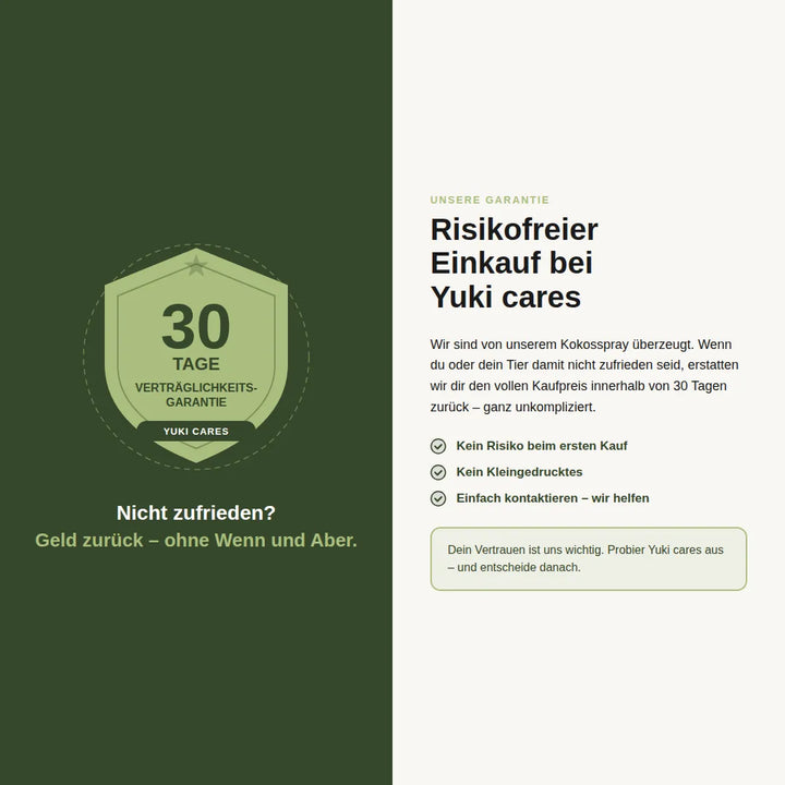 Eine Garantie-Visitenkarte von Yuki Cares betont die 30-tägige Zufriedenheitsgarantie für den Kokosspray.