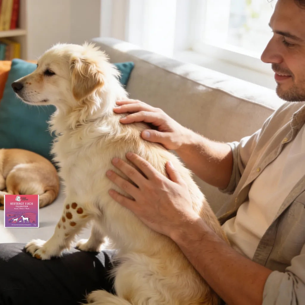 Ein Mann streichelt liebevoll einen Hund auf dem Sofa, während ein anderer Hund in der Sonne schläft.