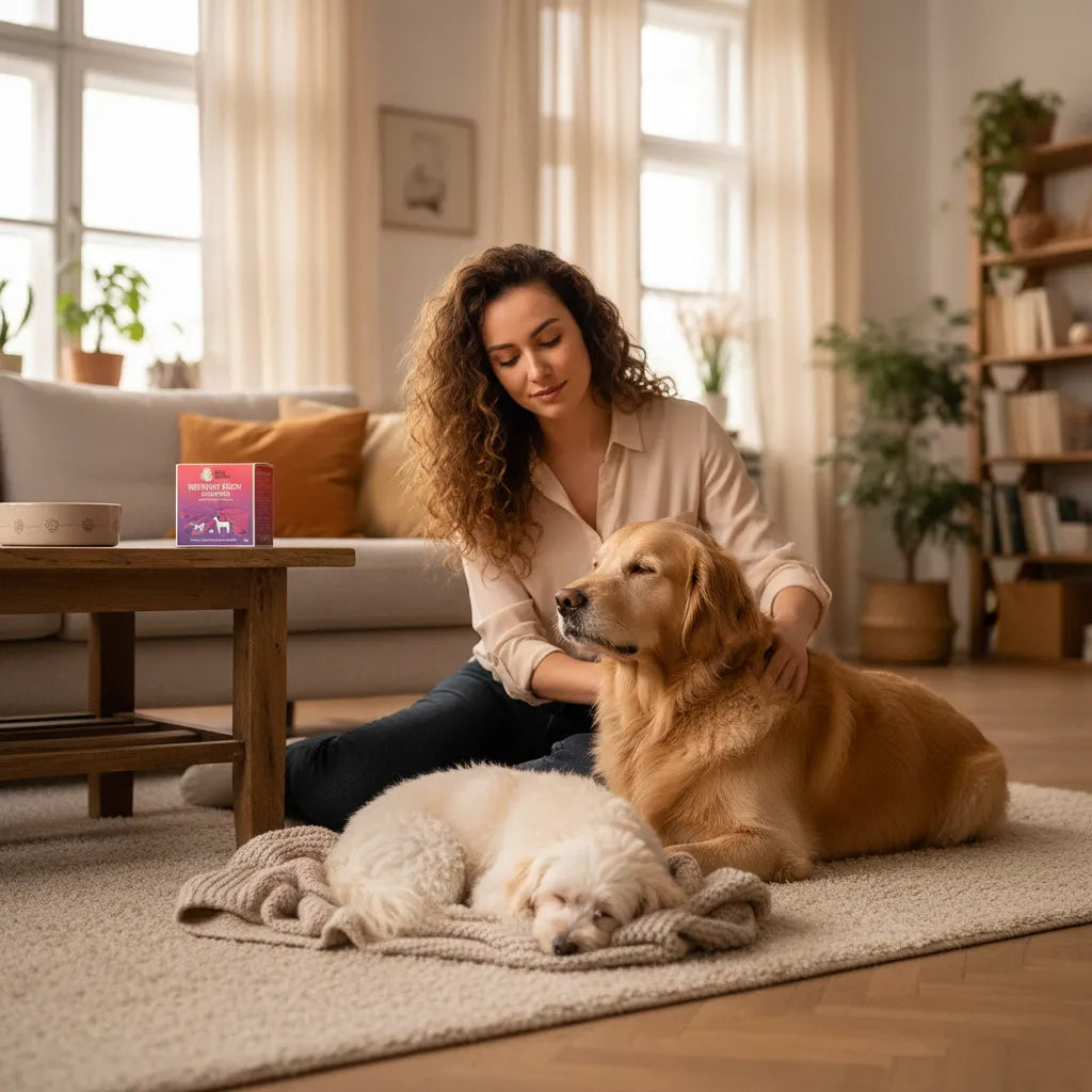 Eine Frau sitzt auf dem Boden und streichelt einen Golden Retriever, während ein kleiner weißer Hund auf einer Decke schläft.
