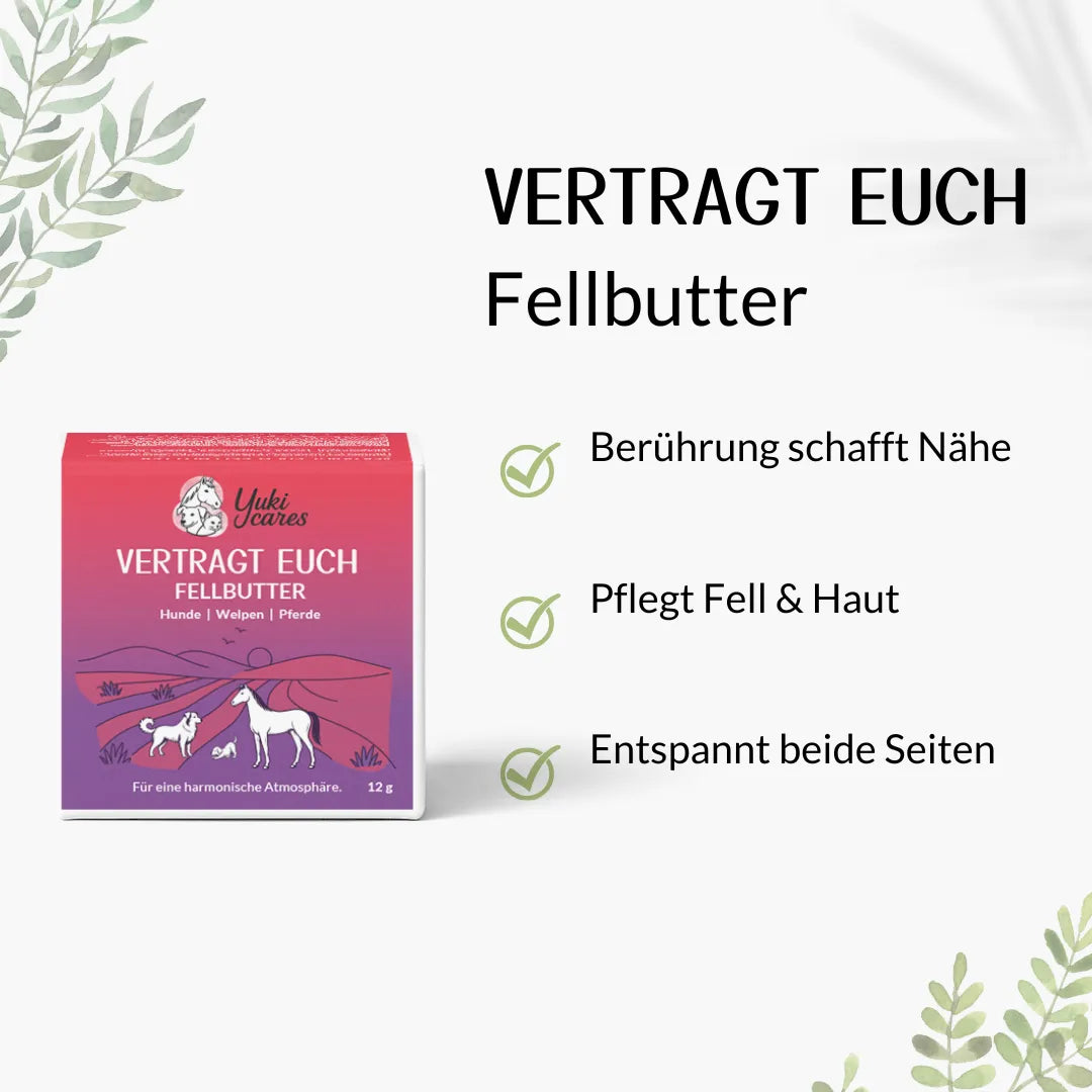 Die Verpackung der "Vertragt Euch Fellbutter" zeigt Illustrationen von Hund und Pferd mit Pflegeversprechen daneben.