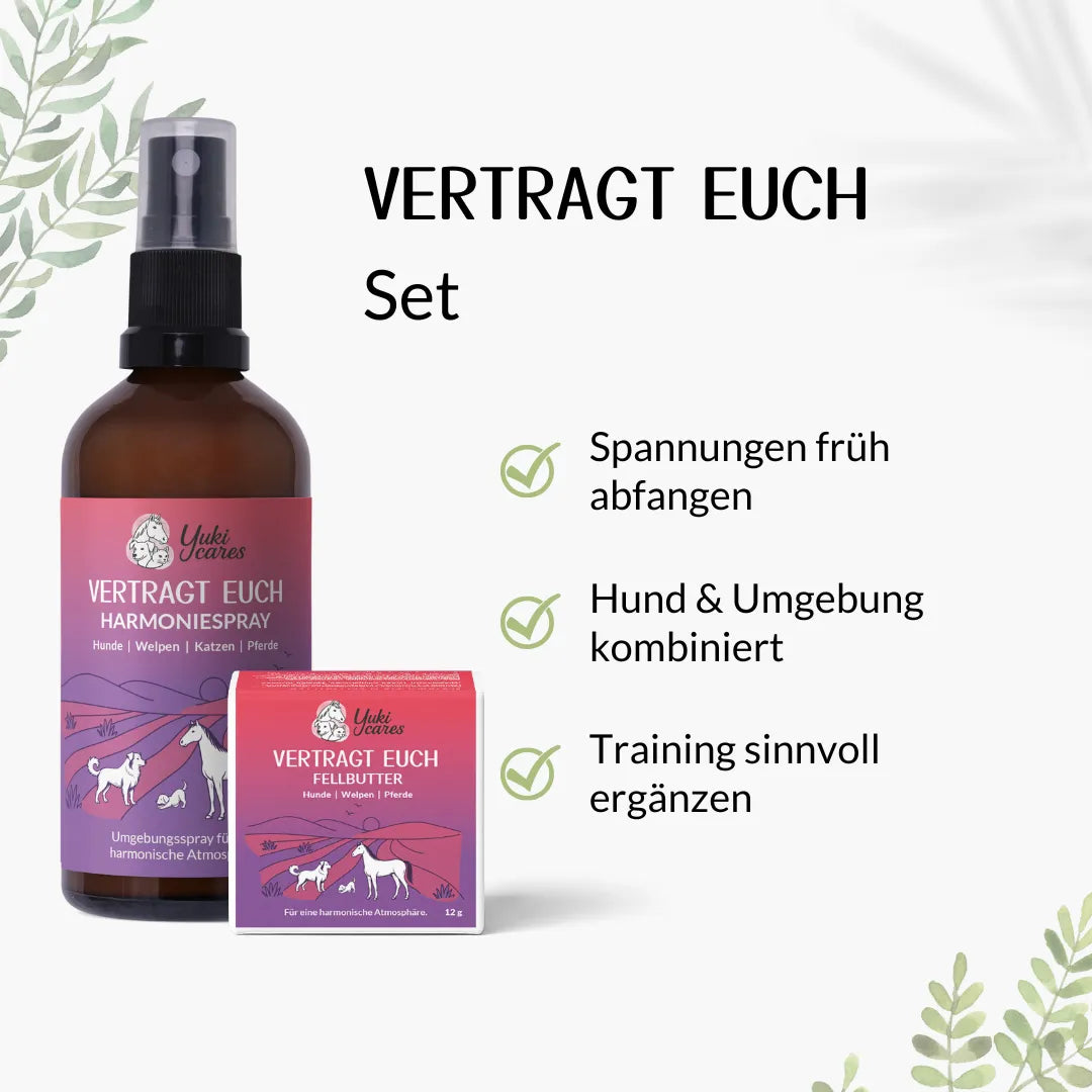 Das Bild zeigt ein "Vertragt Euch"-Set mit Harmoniespray und Fellbutter, begleitet von Tipps zur Anwendung bei Haustieren.