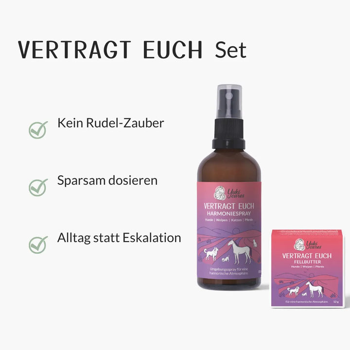 Das "VERTRAGT EUCH" Set zeigt ein Harmoniespray und Fellbutter mit Tipps zur sparsamen Dosierung für Haustiere.