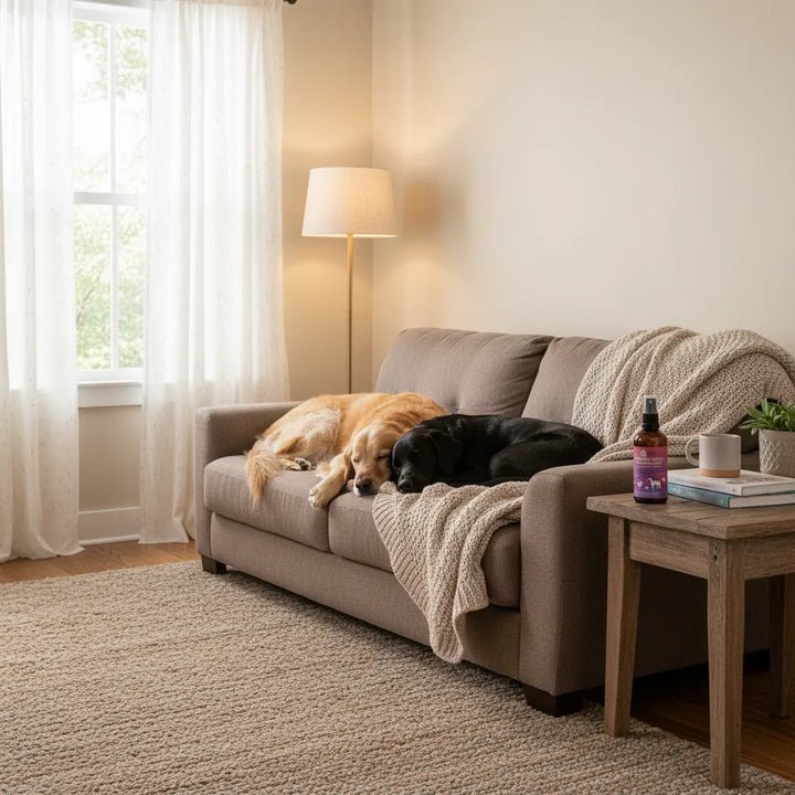 Zwei Hunde schlafen gemütlich auf einem Sofa neben einem Tisch mit einem Buch, einer Tasse und einer Flasche Vertragt euch Spray.