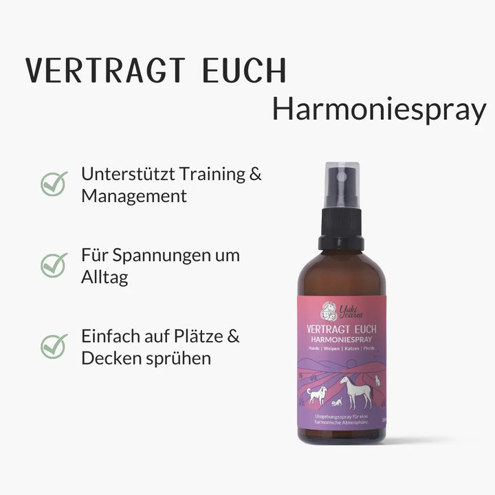Eine Flasche Harmoniespray steht neben Text, der seine Vorteile für Training und Entspannung im Alltag beschreibt.