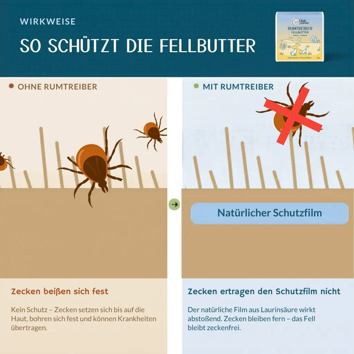 Diagramm zeigt, wie Fellbutter Zecken abwehrt und einen natürlichen Schutzfilm bildet. | © Name